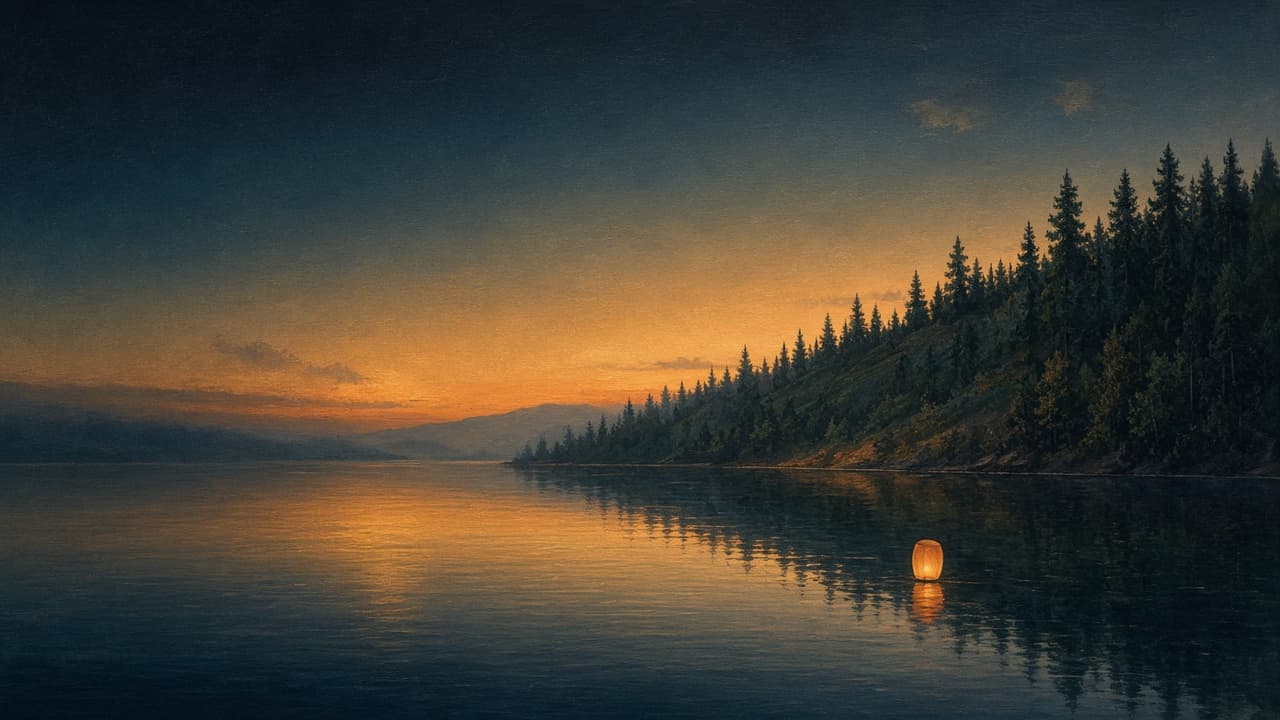 A paper lantern floating over a still lake at dusk